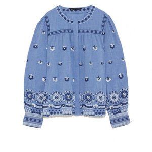 Zara Embroidered Long Sleeve Blouse XS